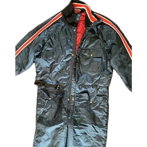 Vtg Davco Snowmobile Ski Suit Mens L Belted Insulated 80s Navy Red Coveralls - Picture 4 of 16
